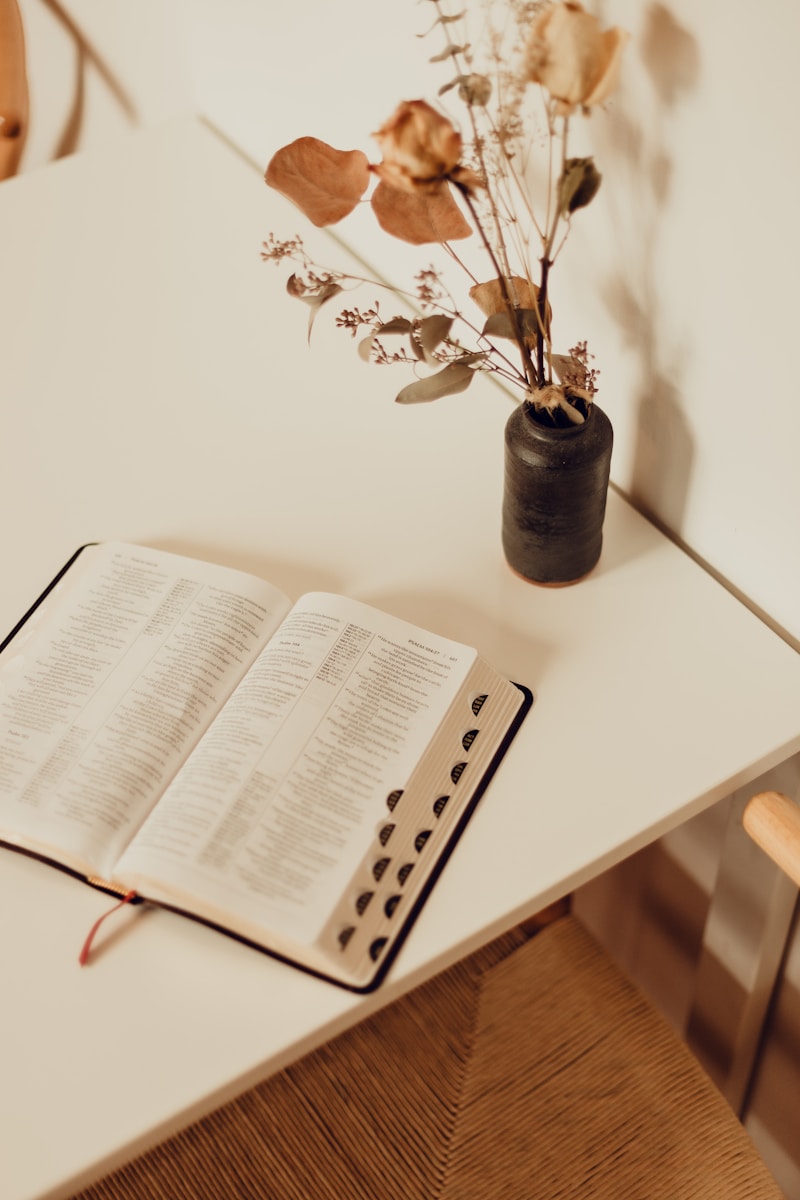 Open book resting on a white table beside a vase with dried flowers. The scene evokes a calm, contemplative atmosphere, ideal for reading or reflection.